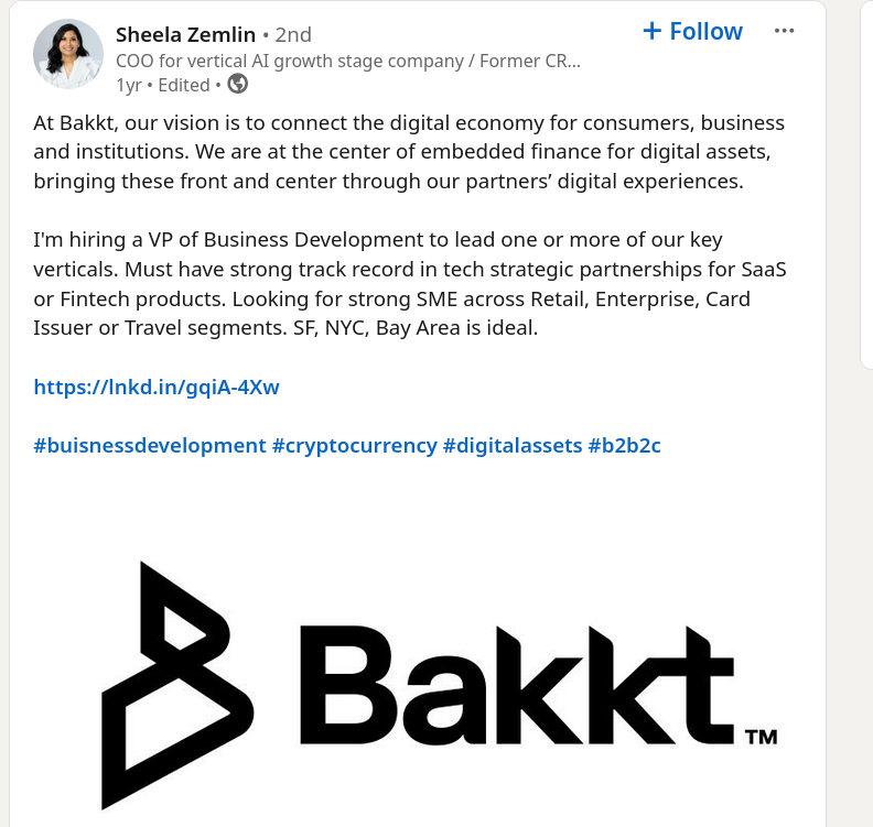 Zemlin on Bakkt: At Bakkt, our vision is to connect the digital economy for consumers, business and institutions. We are at the center of embedded finance for digital assets, bringing these front and center through our partners’ digital experiences.