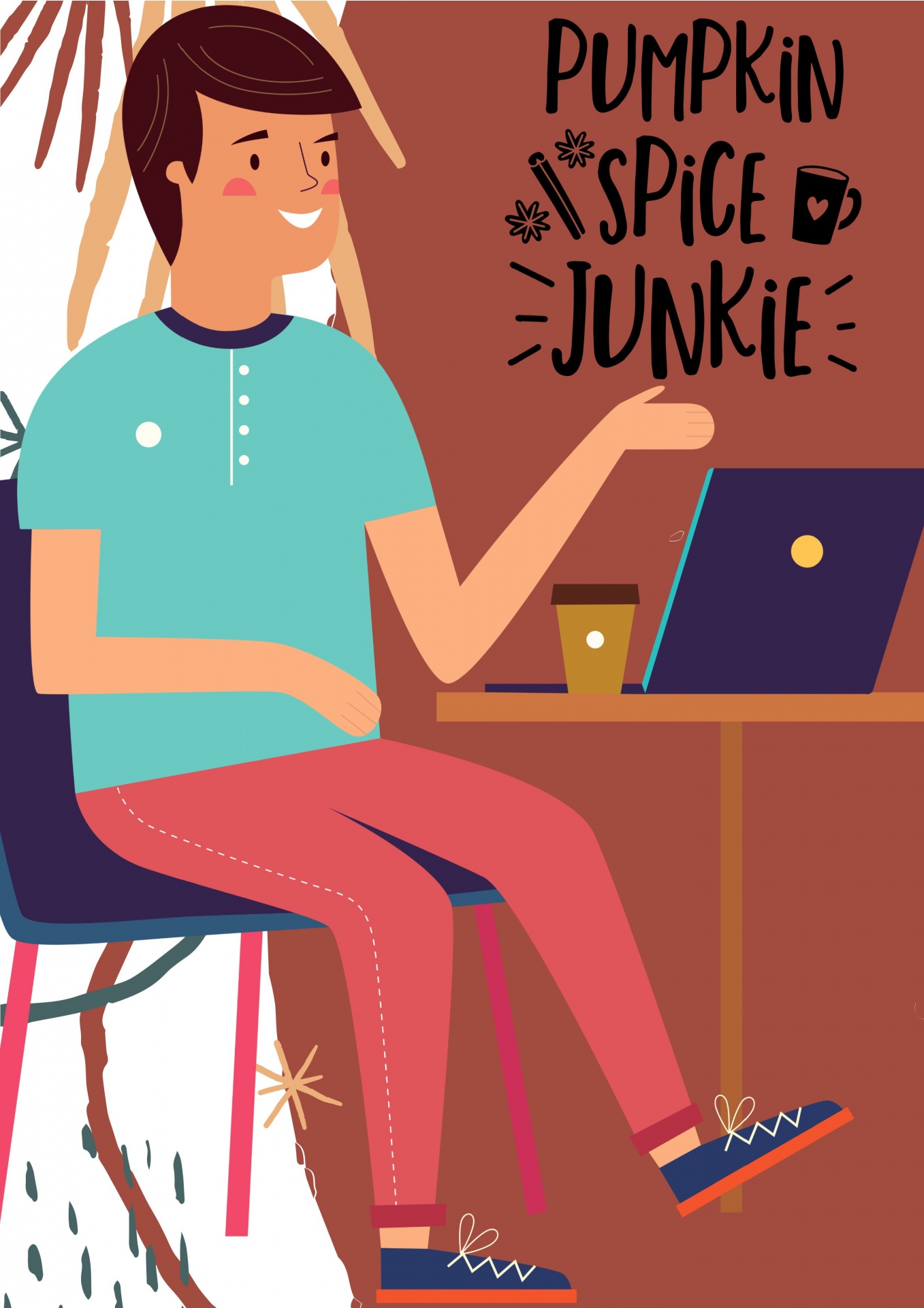 Autumn poster of a man sitting facing his laptop with a cup of Coffee wording is Pumpkin Spice Junkie